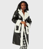 Skinnydip Black Patent Leather-Look Faux Fur Trim Long Coat